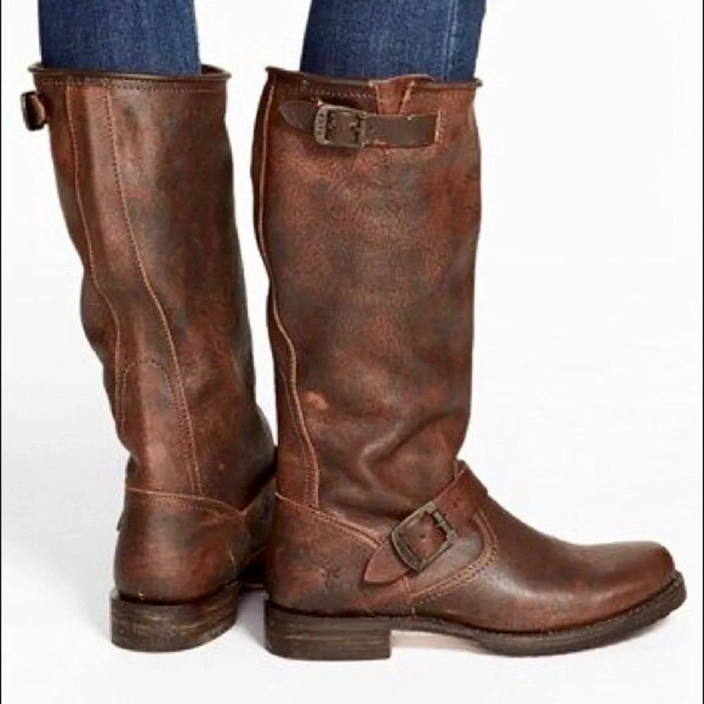 $399 Frye Veronica Slouch Tan Distressed Leather Engineer Moto Tall Buckle Boot - Picture 8 of 16